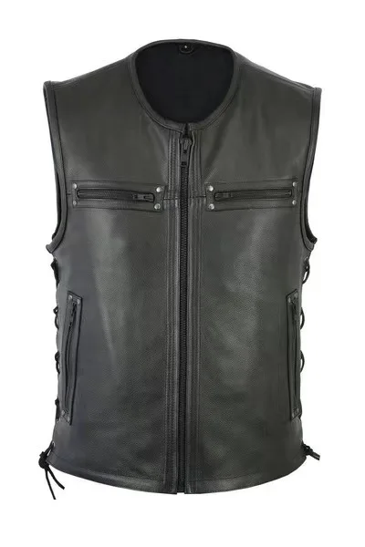 Leather Work Vest - سترة جلدية جديدة بلون واحد وياقة